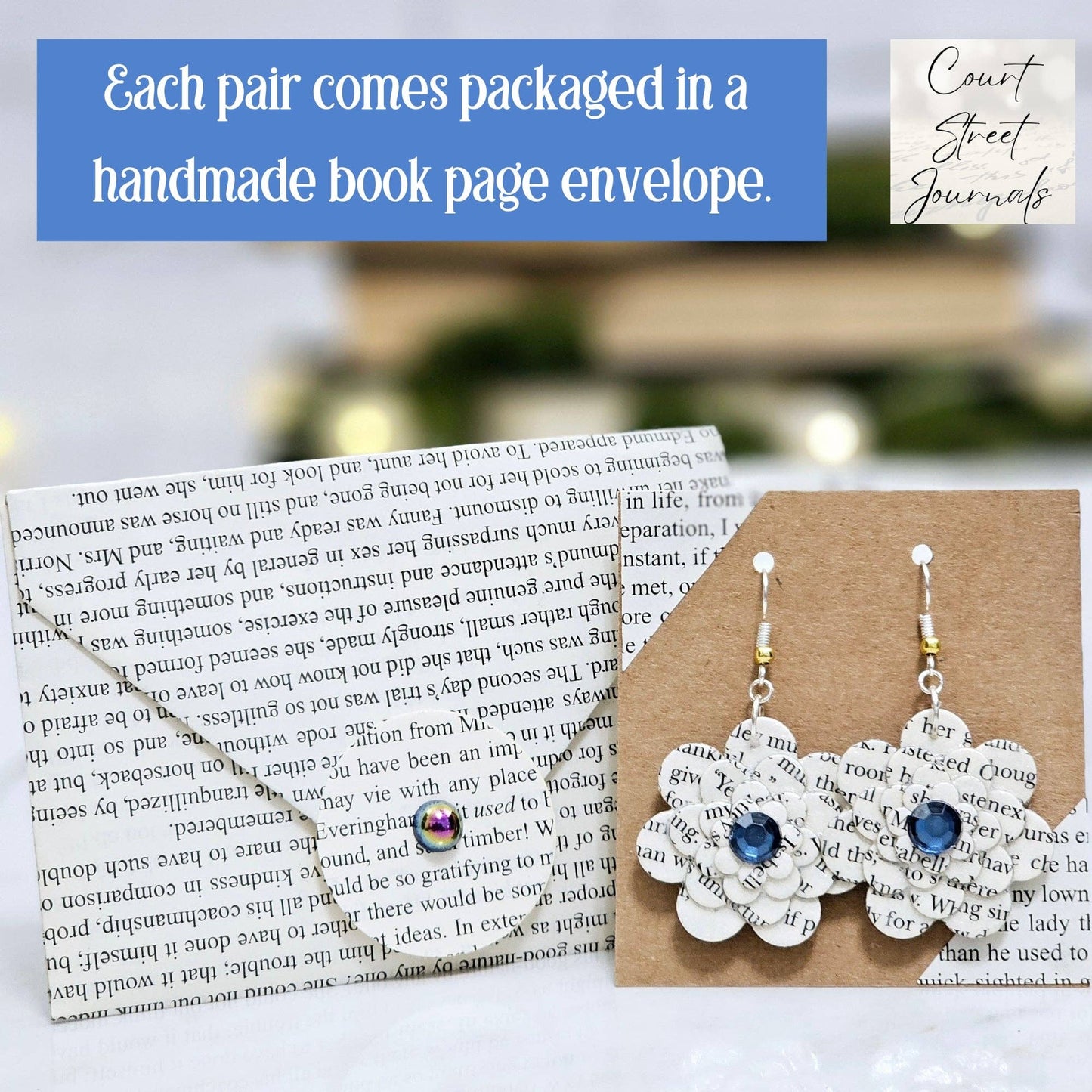 Flower Dangle Book Page Earrings