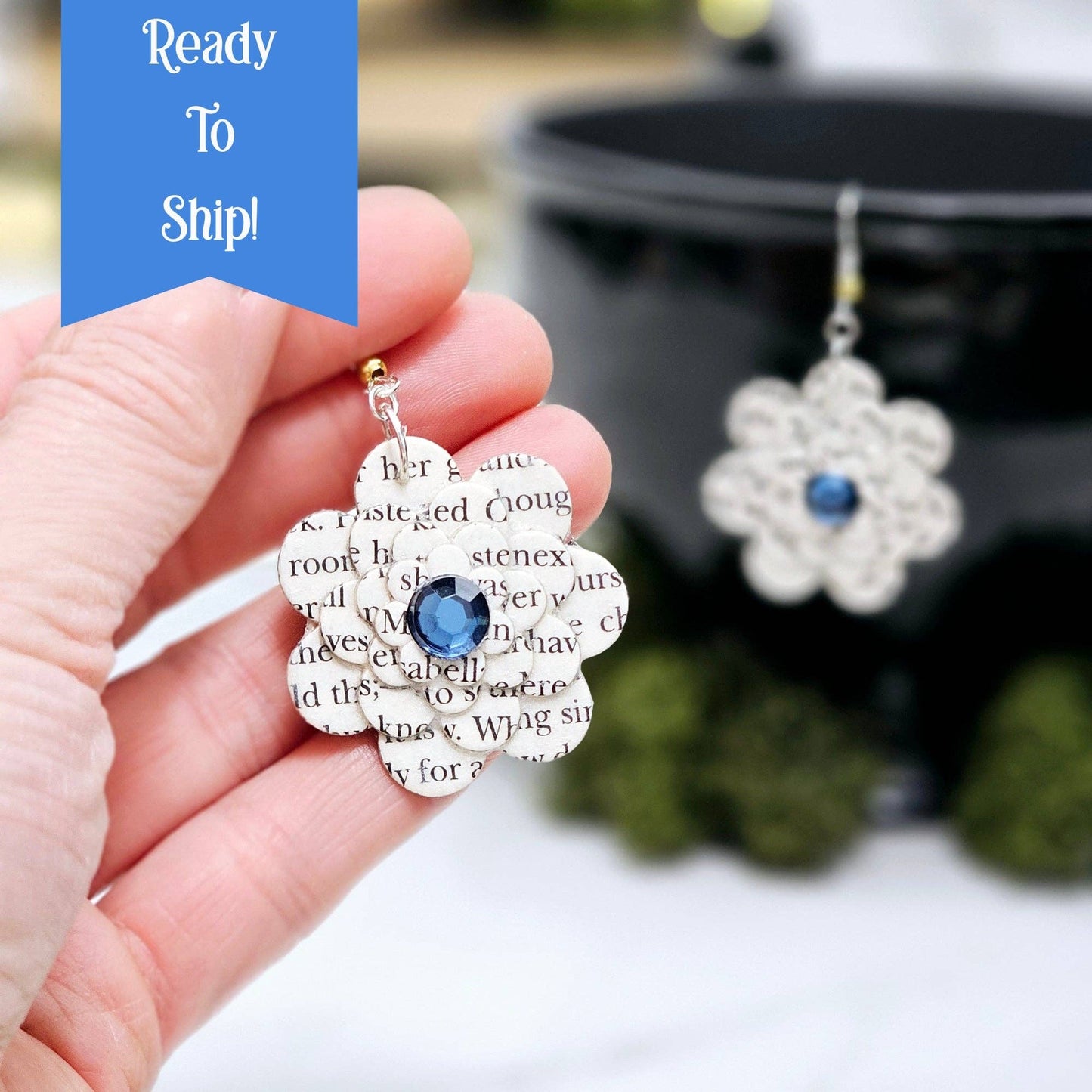 Flower Dangle Book Page Earrings