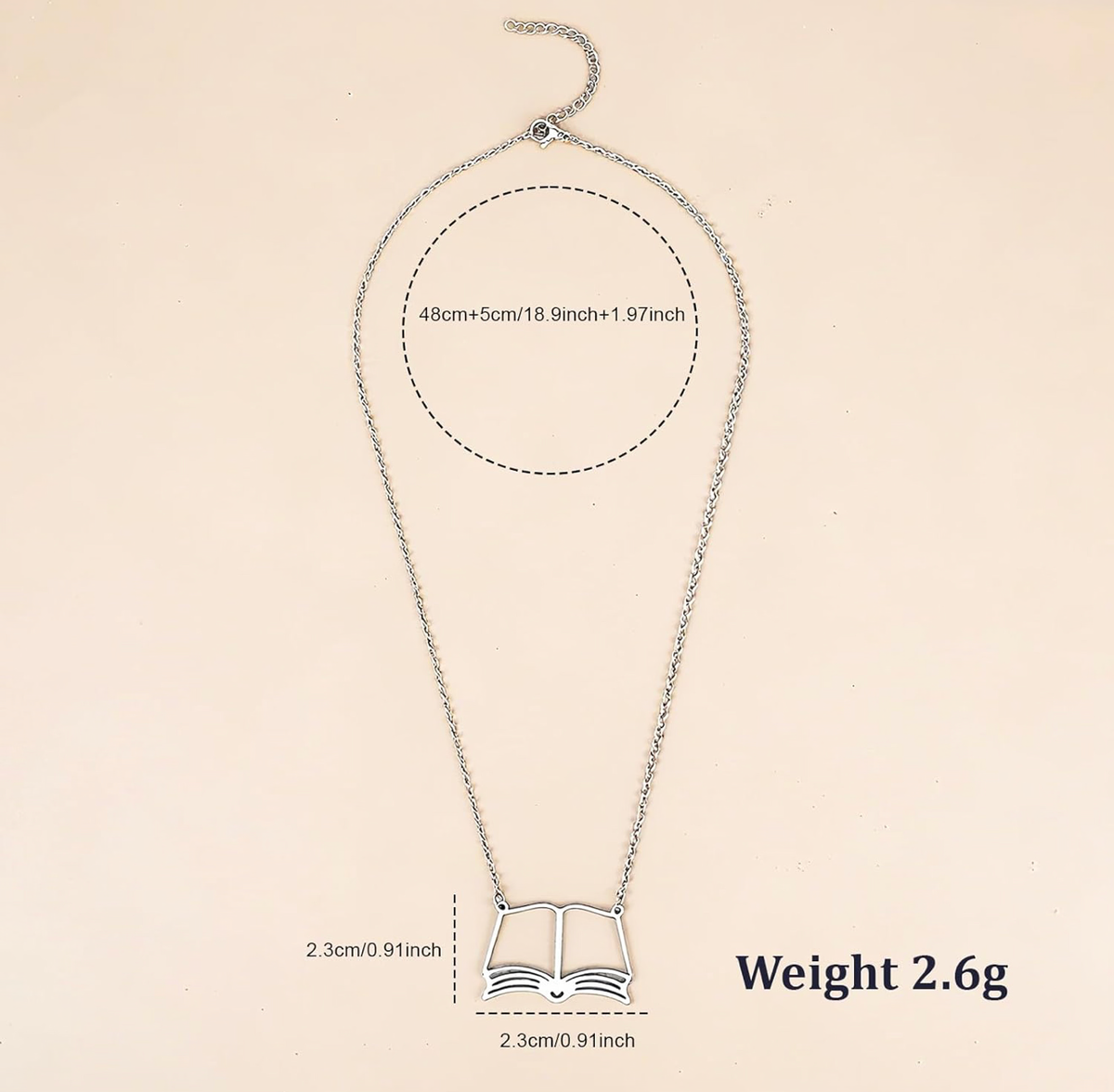 Book theme silver tone necklace