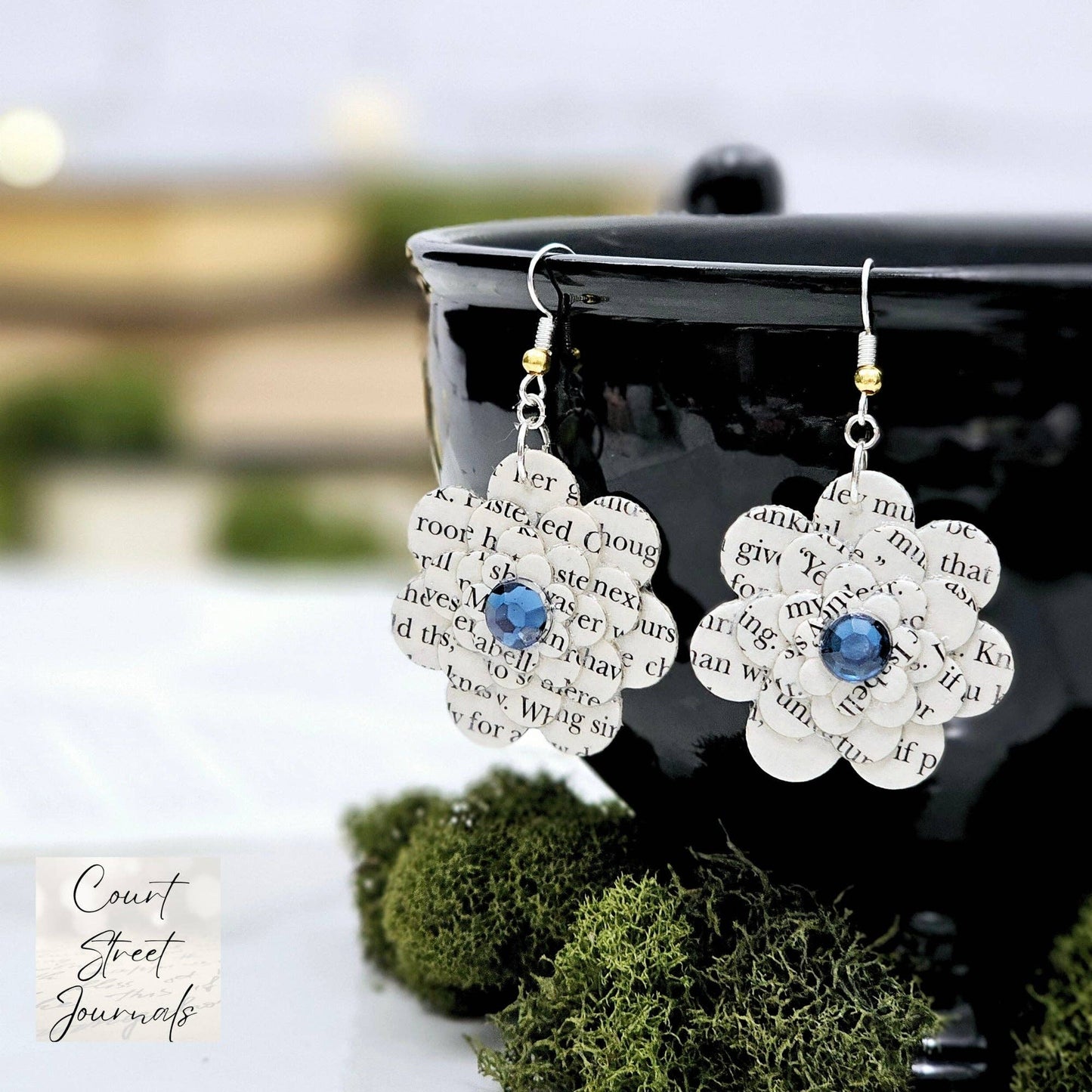Flower Dangle Book Page Earrings