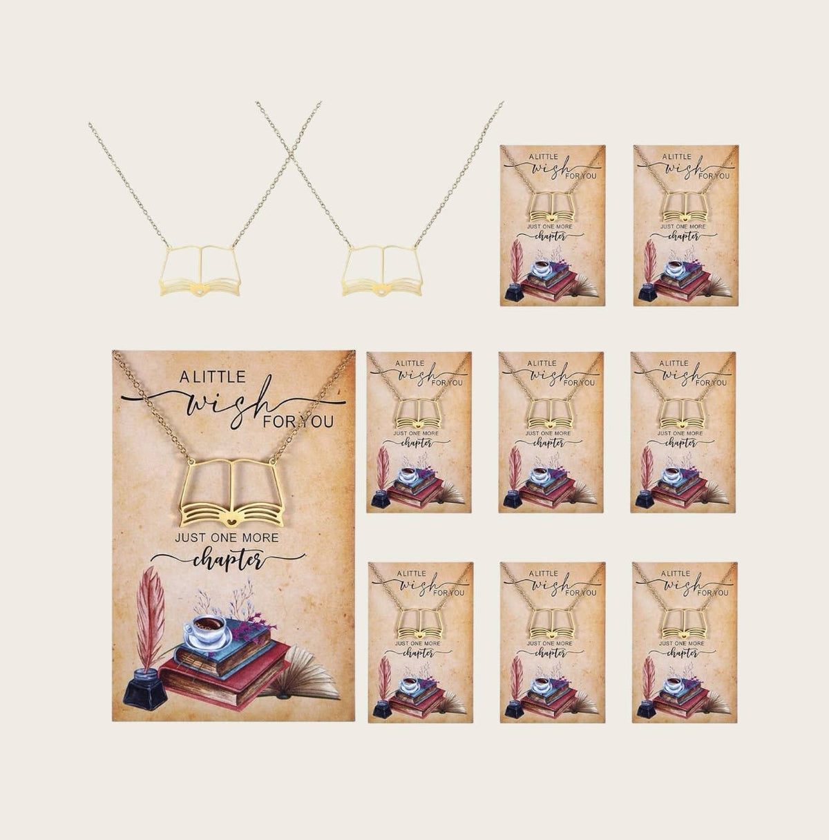 Book theme gold tone necklace 